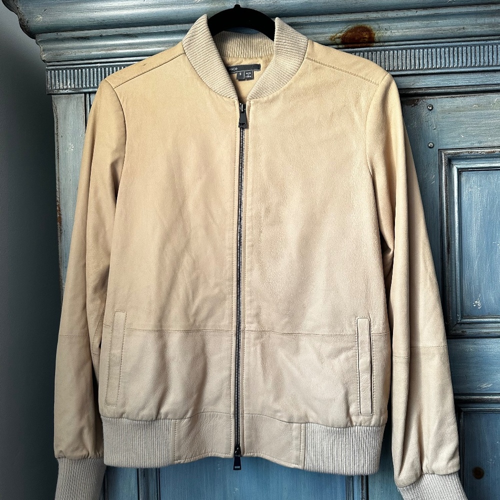 Vince Beige Lamb Leather Bomber Jacket Size S